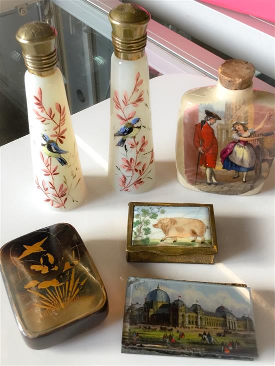 Pair milk glass enamelled scent bottles, enamel box, etc